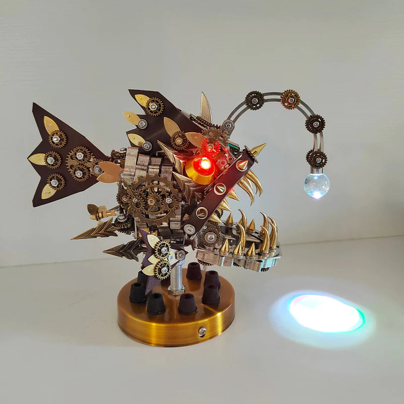 Steampunk Anglerfish with Base 3D Metal Puzzle Lantern Fish Model Kit with Colorful Changing Lights(700Pcs)