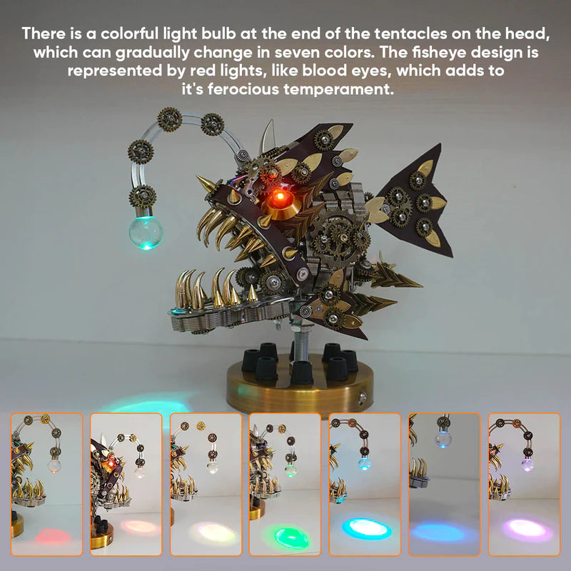 Steampunk Anglerfish with Base 3D Metal Puzzle Lantern Fish Model Kit with Colorful Changing Lights(700Pcs)